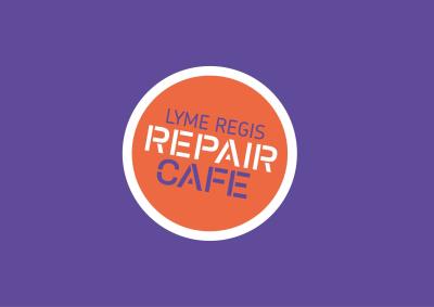 Repair Cafe circular logo, in orange and purple colour scheme