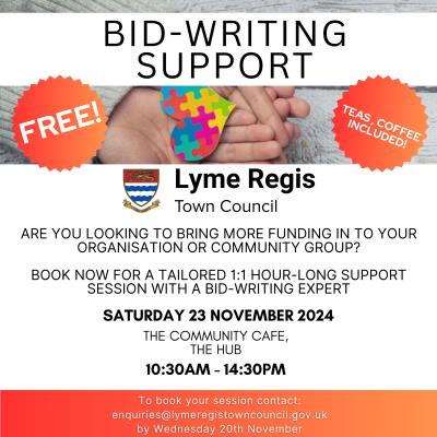 Bid-Writing Support session info graphic, date is 23 November 2024, from 10:30am, book a 1:1 hour-long session with expert