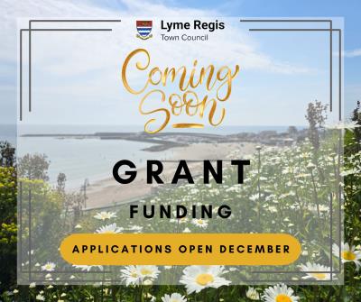 graphic image to advertise grant funding on a backdrop of Lyme Regis Harbour