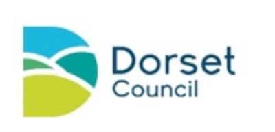 White, blue and green, large D logo for Dorset Council