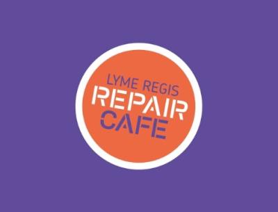 orange and white text on purple background, Lyme Regis Repair Cafe logo