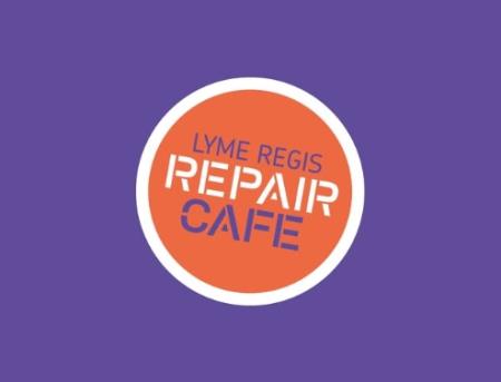 orange and white text on purple background, Lyme Regis Repair Cafe logo