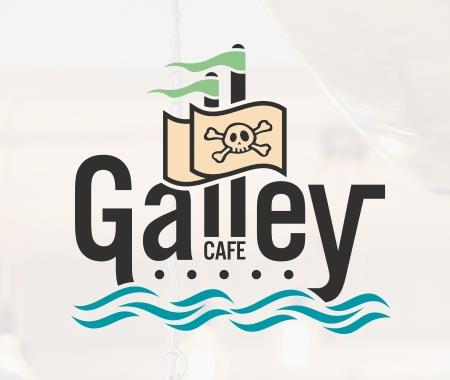 Galley cafe logo of pirate ship on waves in the form of text