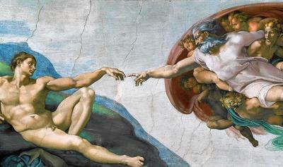 Where the God reaches out to touch the hand of the first man, Adam, a portion of the Sistine Chapel painting by Michelangelo